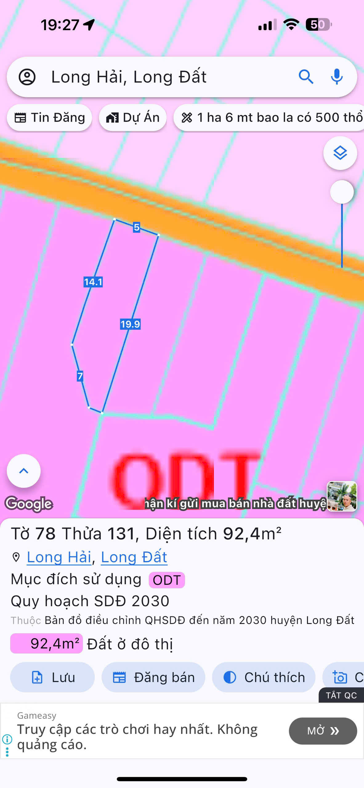 Bán đất 91.9m² full thổ cư giá 1.49 tỷ tại Xã Long Hải