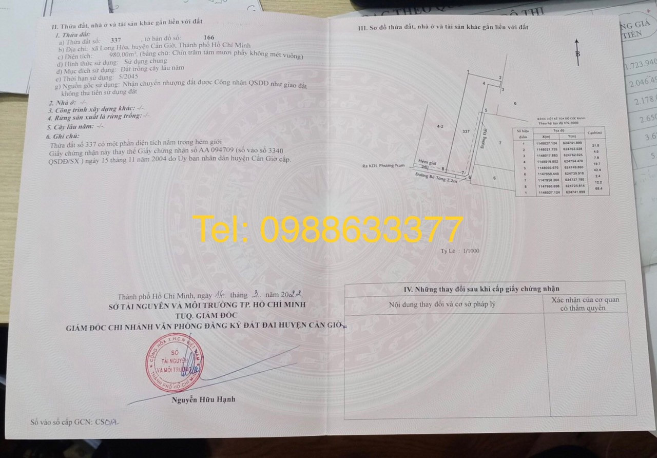 Bán  đất nông nghiệp 980m² , giá 9,5 tỷ tại, Xã Long Hòa, Huyện Cần Giờ, TP. Hồ Chí Minh