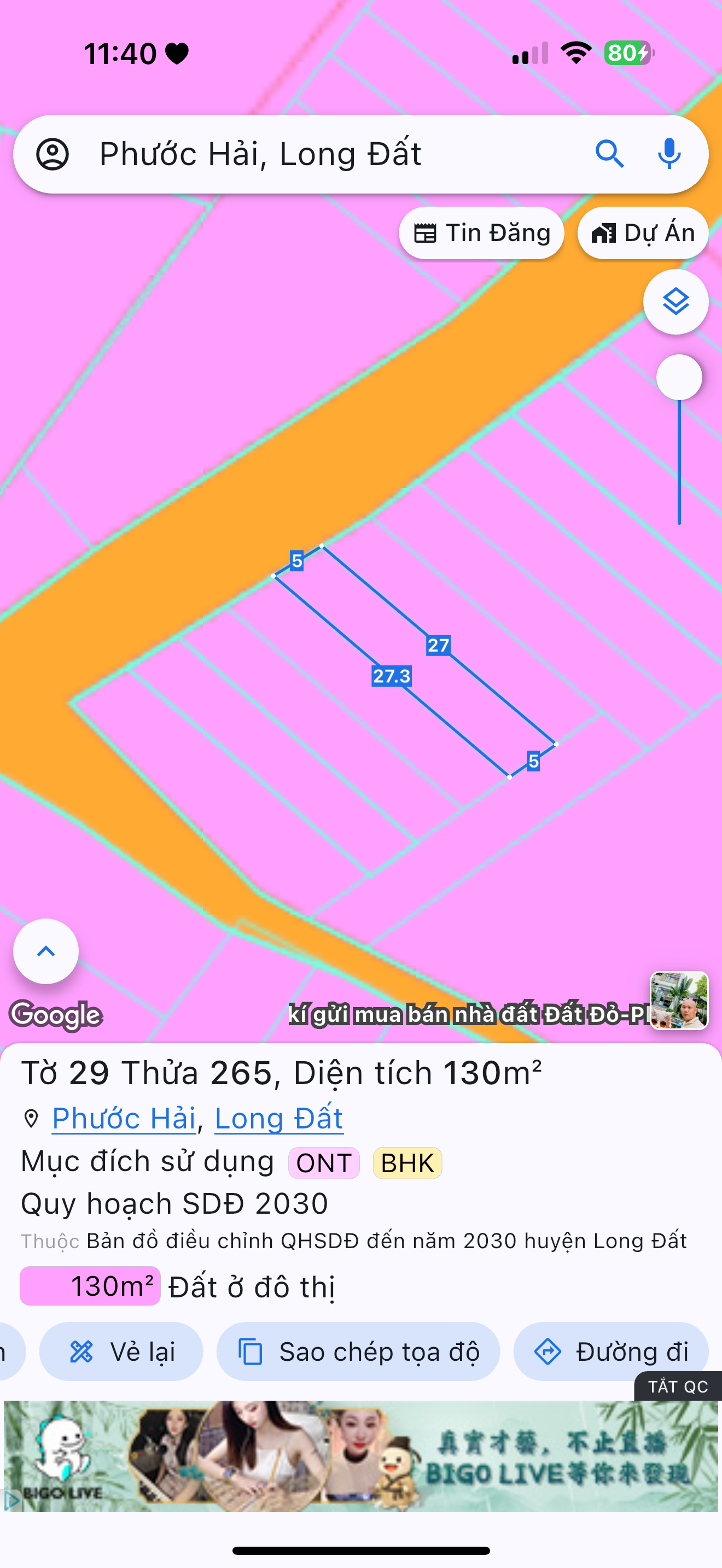 Bán Đất 130m2 có sẵn 80 m2 thổ cư giá 1.3 tỷ tại Xã Long Mỹ Huyện Đất Đỏ Bà Rịa - Vũng Tàu