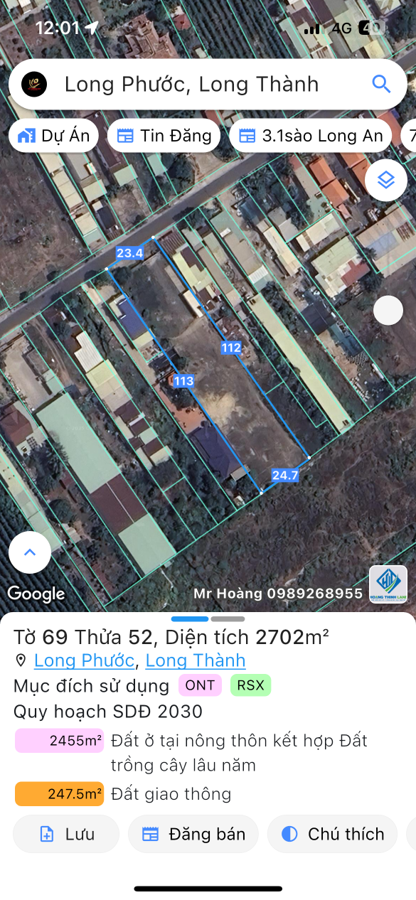 Bán đất 2701.7m² ngang 23m giá 22 tỷ Xã Long Phước