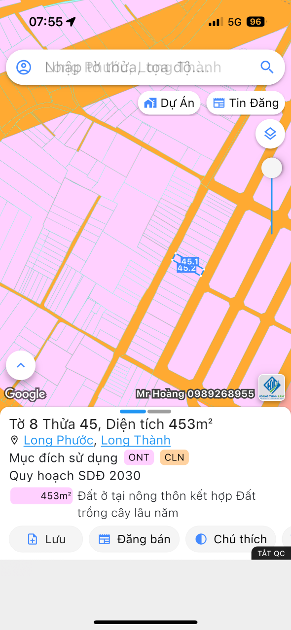 Bán đất 452.8m² ngang 10m giá 15.5 tỷ Xã Long Phước