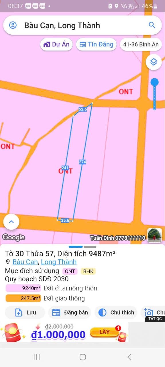 Bán đất 9486.4m² có sẵn 300m² thổ cư ngang 36m giá 42 tỷ tại Xã Long Phước
