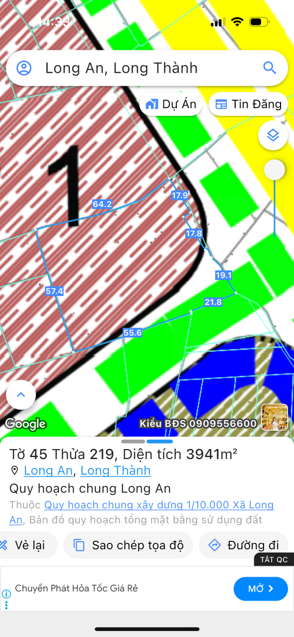 Bán đất 3941.2m² ngang 57m giá 21.68 tỷ Xã Long Thành