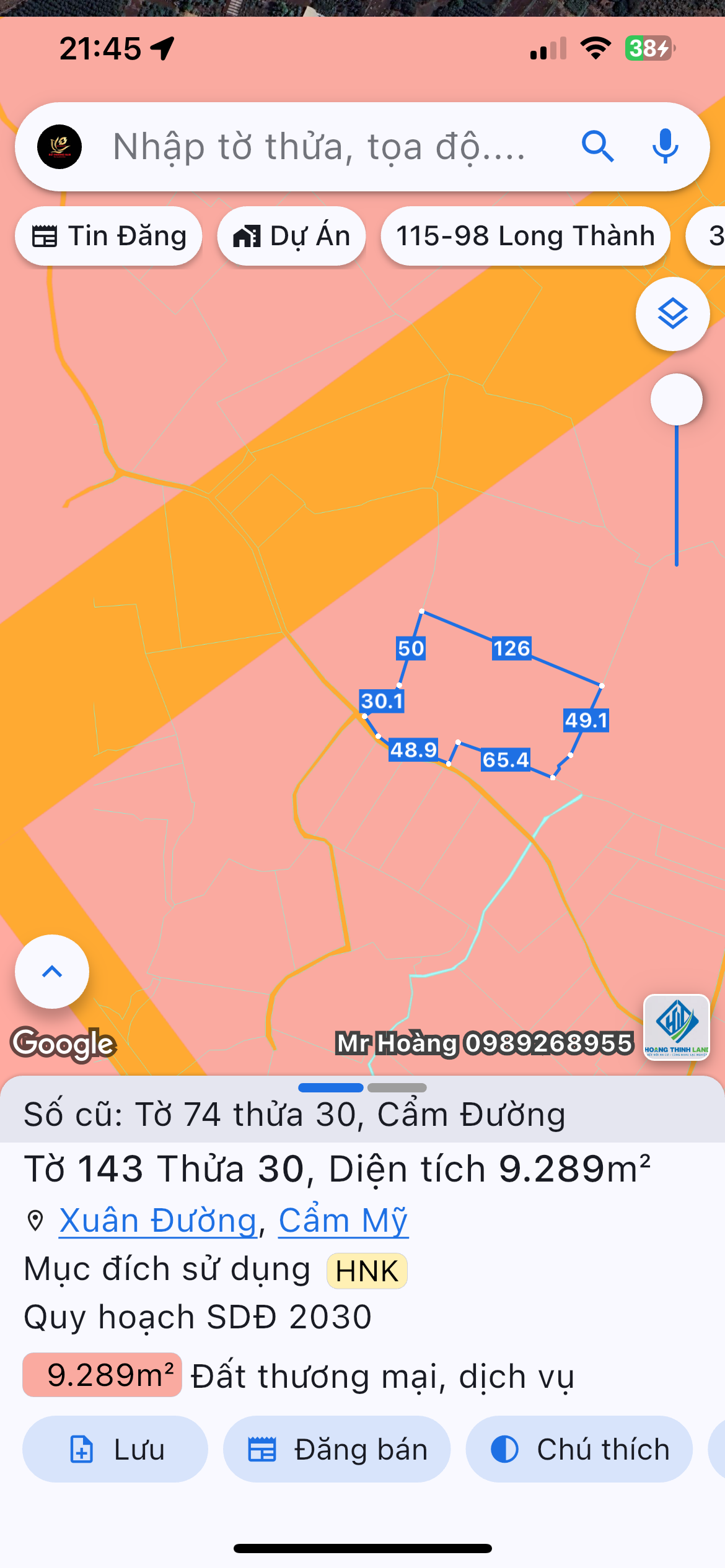 Bán đất TMD. 9289.1m² ngang 50m giá 12.5 tỷ Xã Long Thành
