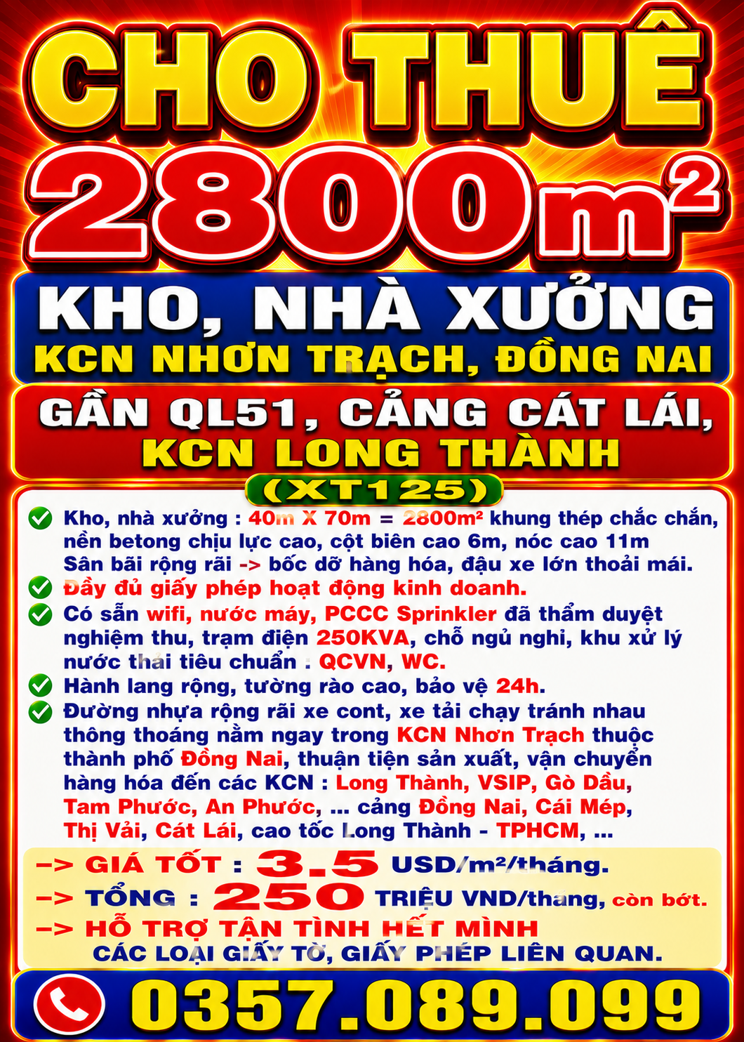 CHO THUÊ 2800m2 KHO, NHÀ XƯỞNG KCN NHƠN TRẠCH, ĐỒNG NAI GẦN QL51, CẢNG CÁT LÁI, LONG THÀNH