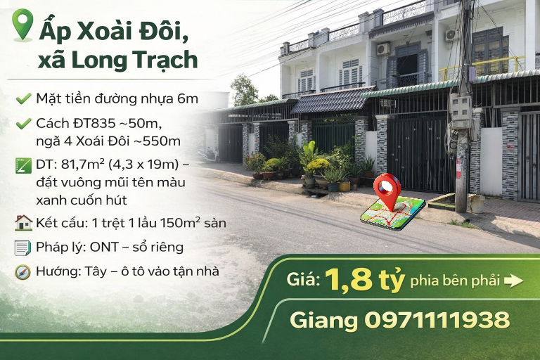 Bán nhà đẹp xã Long Trạch – sổ riêng, 1 trệt 1 lầu, vị trí thuận tiện