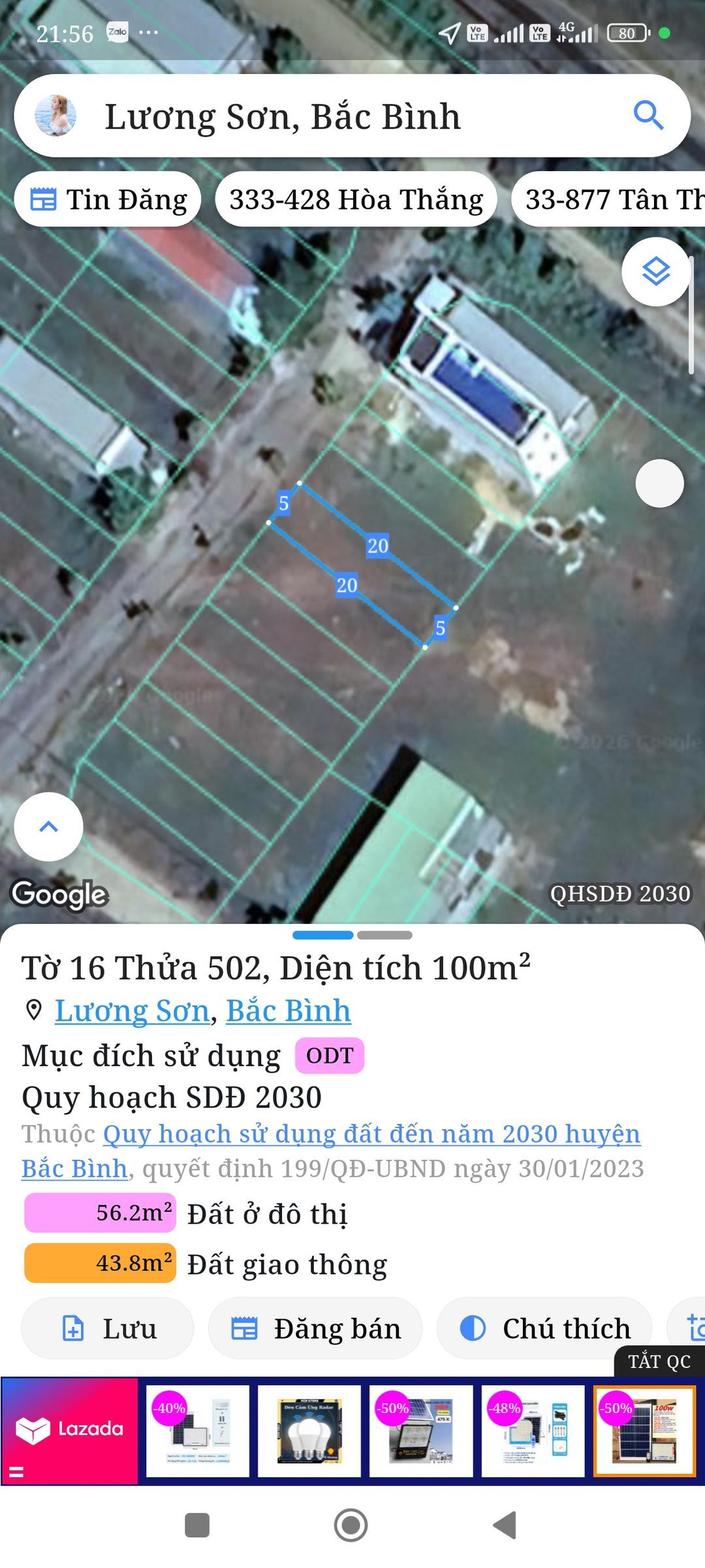 Bán đất 100m² full thổ cư ngang 5m giá 800 triệu tại Xã Lương Sơn