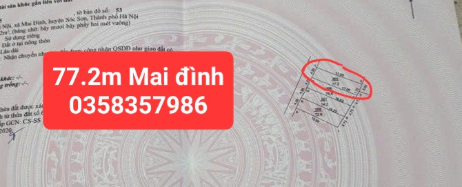 Bán đất Mai Nội Dt 77.2m vuông.MT 4.39m
Full thổ cư,giá  4 tỷ 100 triệu