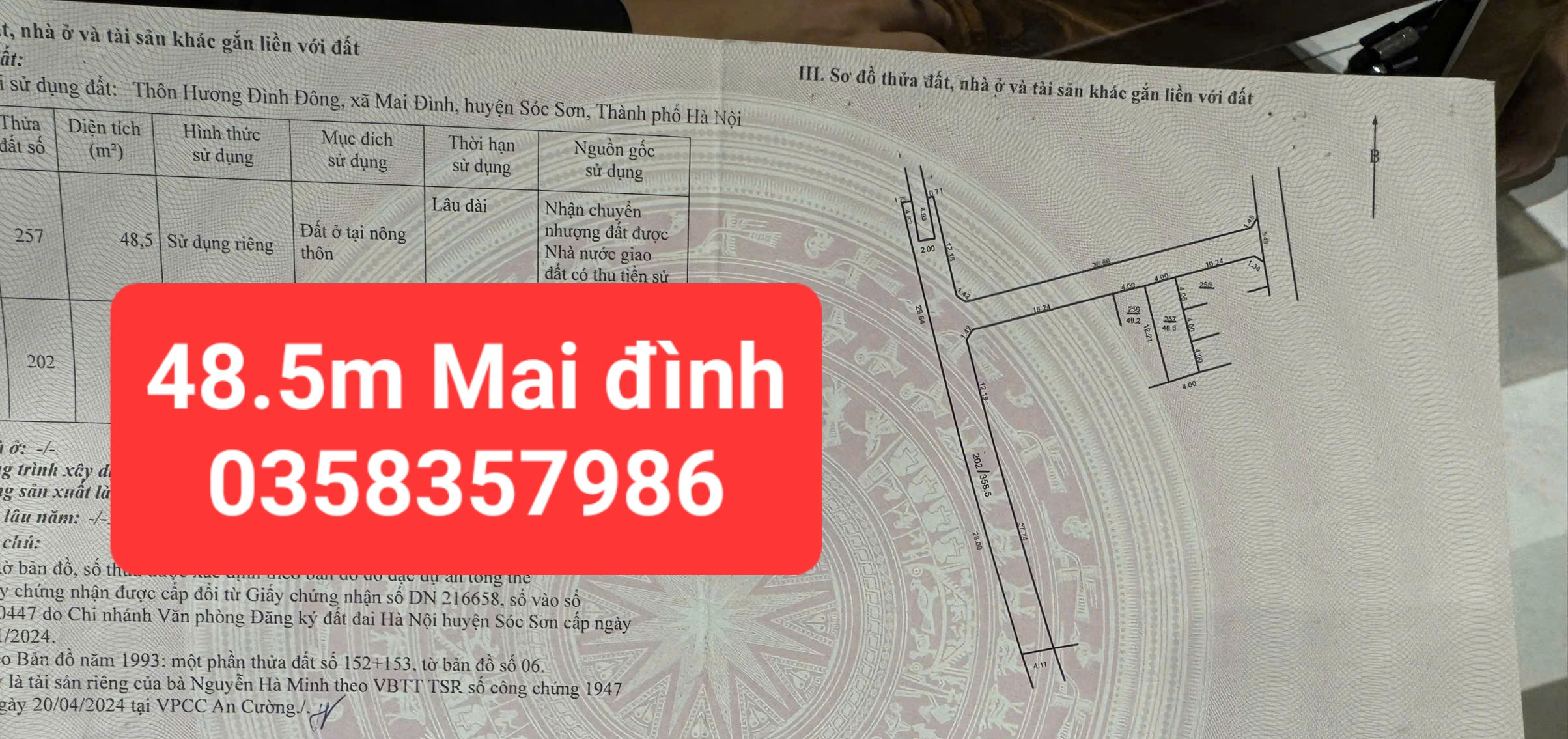 Bán đất Hương Đình, Mai Đình DT 48.5m.MT 4m,giá bán 2 tỷ 350 triệu