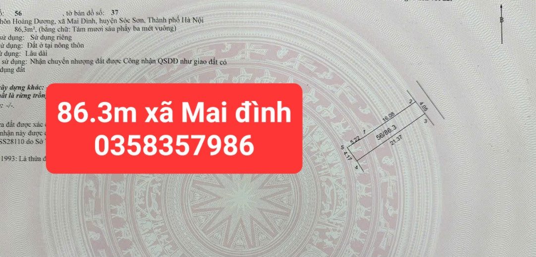 Bán đất Hoàng Dương Mai Đình DT 86.3m vuông,MT 4.05m,giá bán 3 tỷ 500 triệu