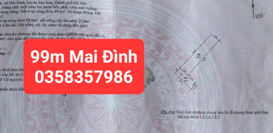 Bán đất Mai Đình DT 99m,MT 4.5m,giá bán 3 tỷ 050 triệu