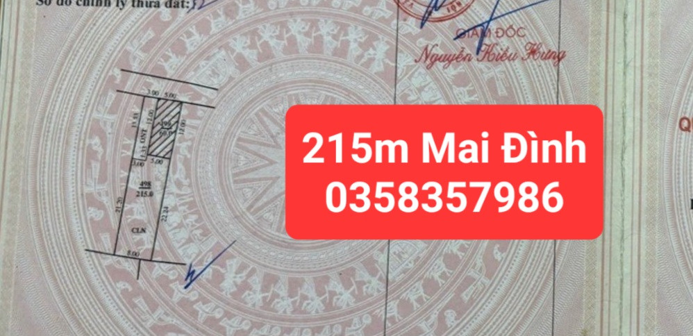 Bán đất Mai Đình DT 215m vuông,MT 3m
Giá bán 3 tỷ 600 triệu