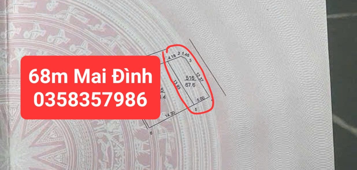 Bán đất Mai Đình DT 68m vuông,MT 5.64m,giá bán 4 tỷ 400 triệu