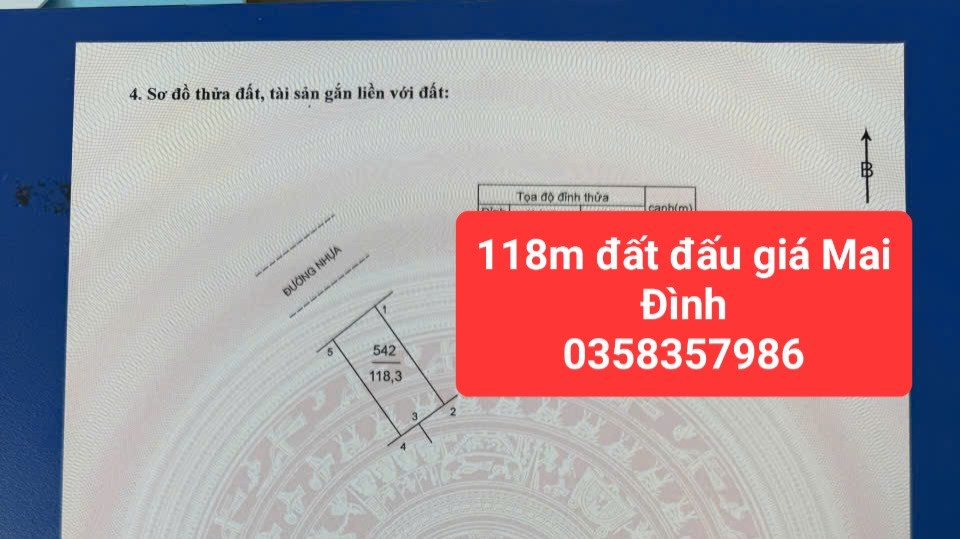 Bán đất Mai Đình DT 118m vuông,MT 7.31m
Giá bán 8 tỷ 520 triệu