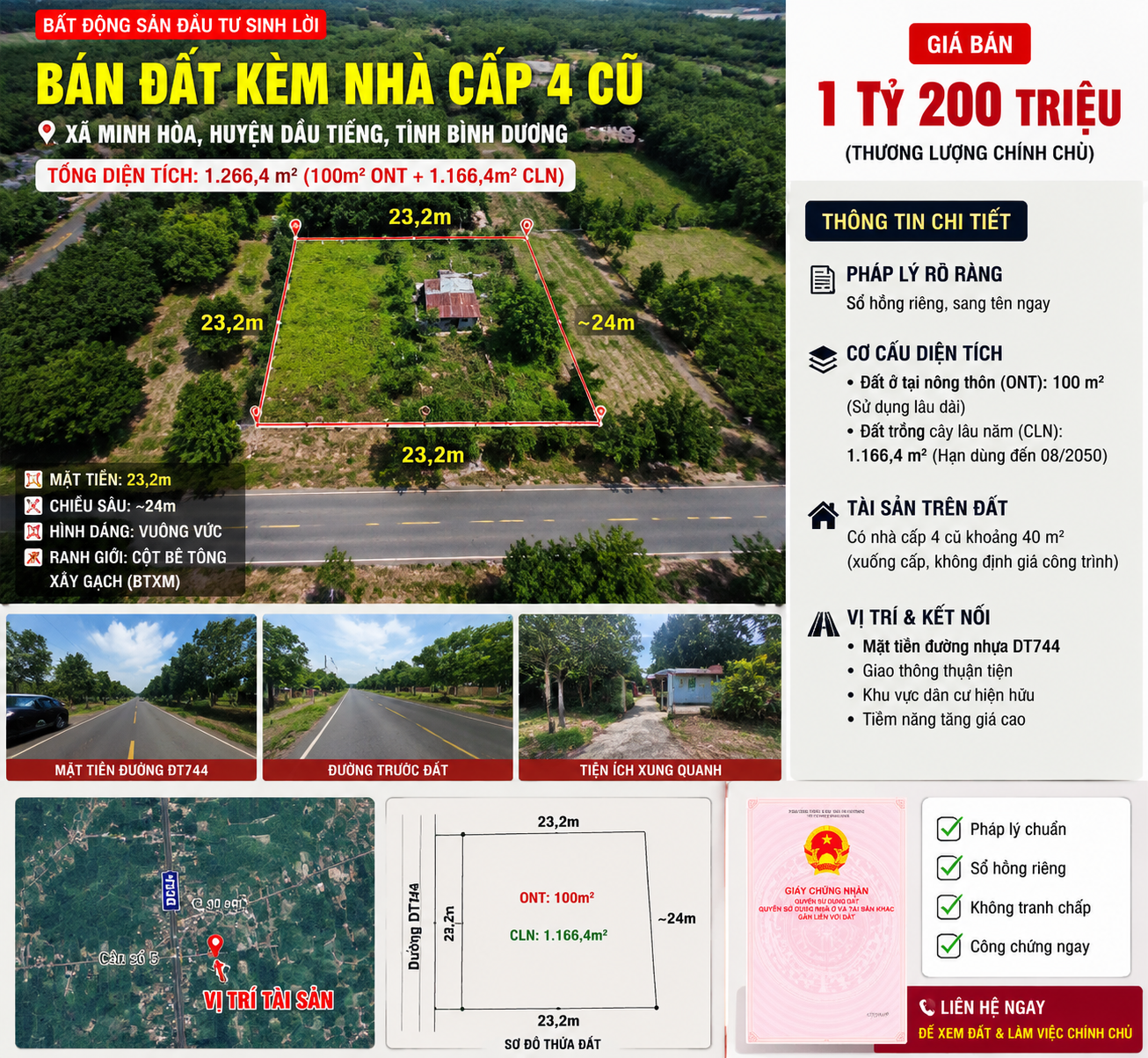 Bán đất 1166,4m² có sẵn 100m² thổ cư ngang 23,2m giá 1.2 tỷ tại Xã Minh Thạnh