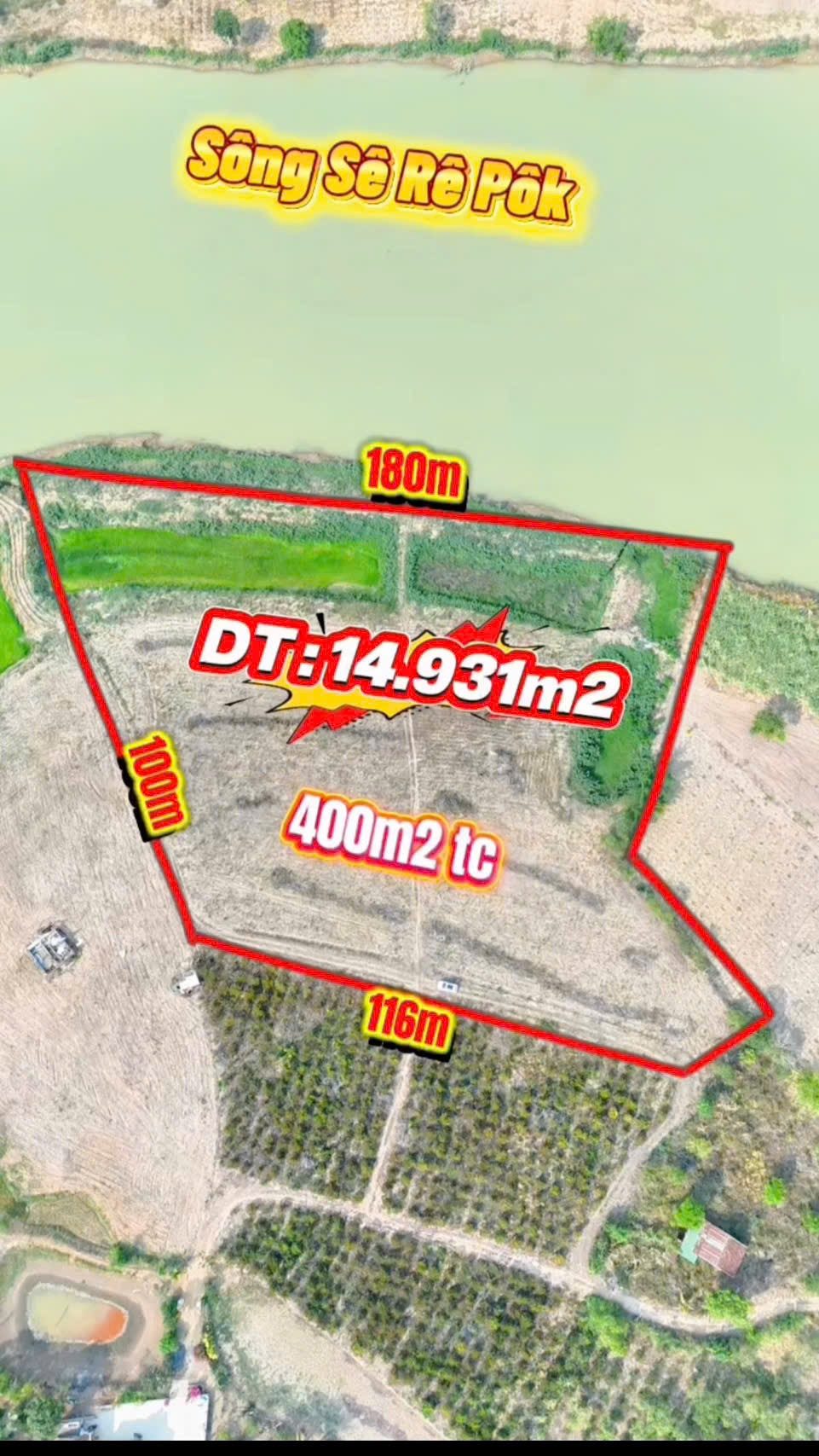 ❇Bán 1,5 ha bám 180m mặt sông SEREPOK có 400 thổ cư chỉ 425tr/sào❇️