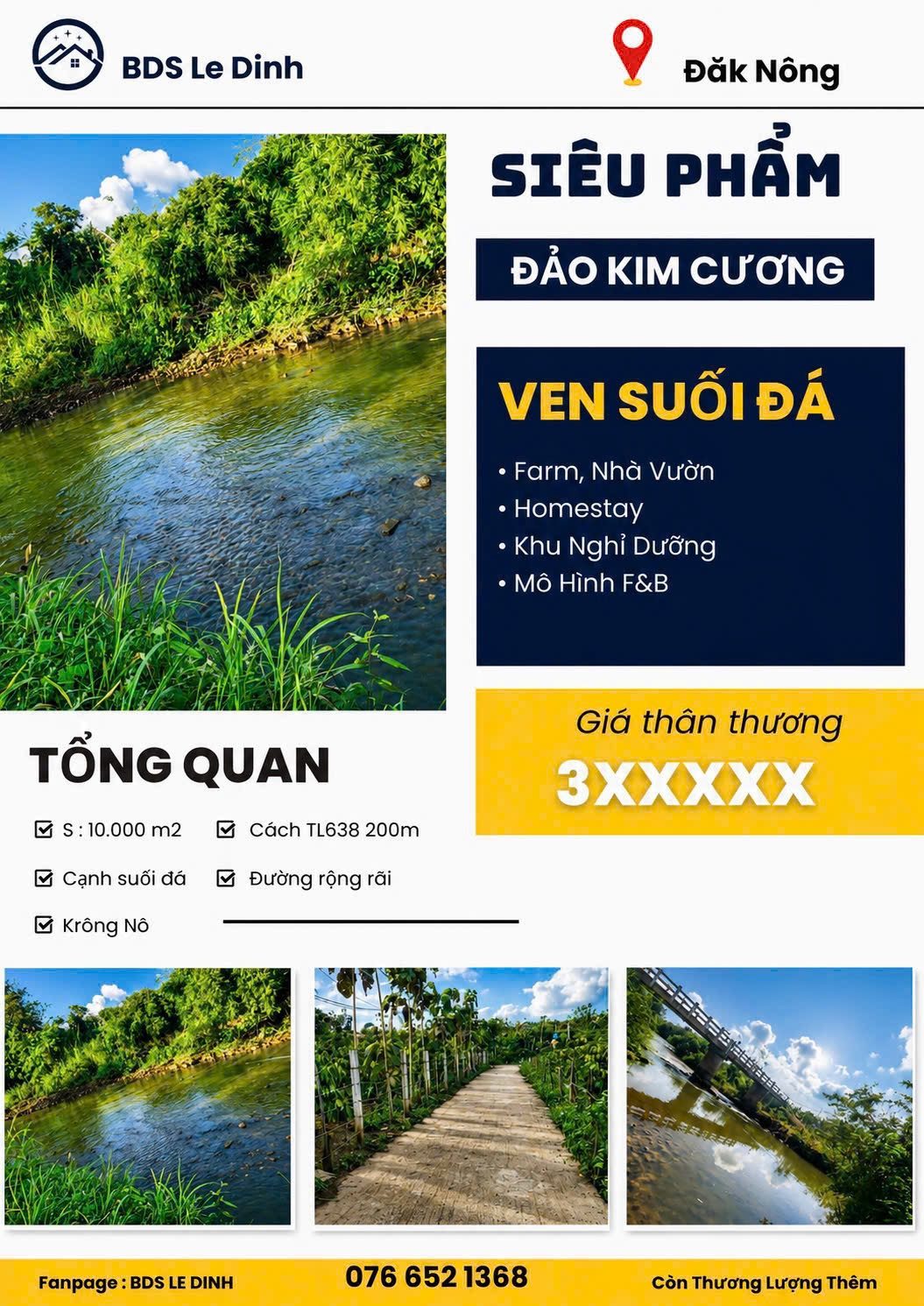 300m mặt tiền đường bê tông, nằm trong đảo kim cương bám suối xung quanh