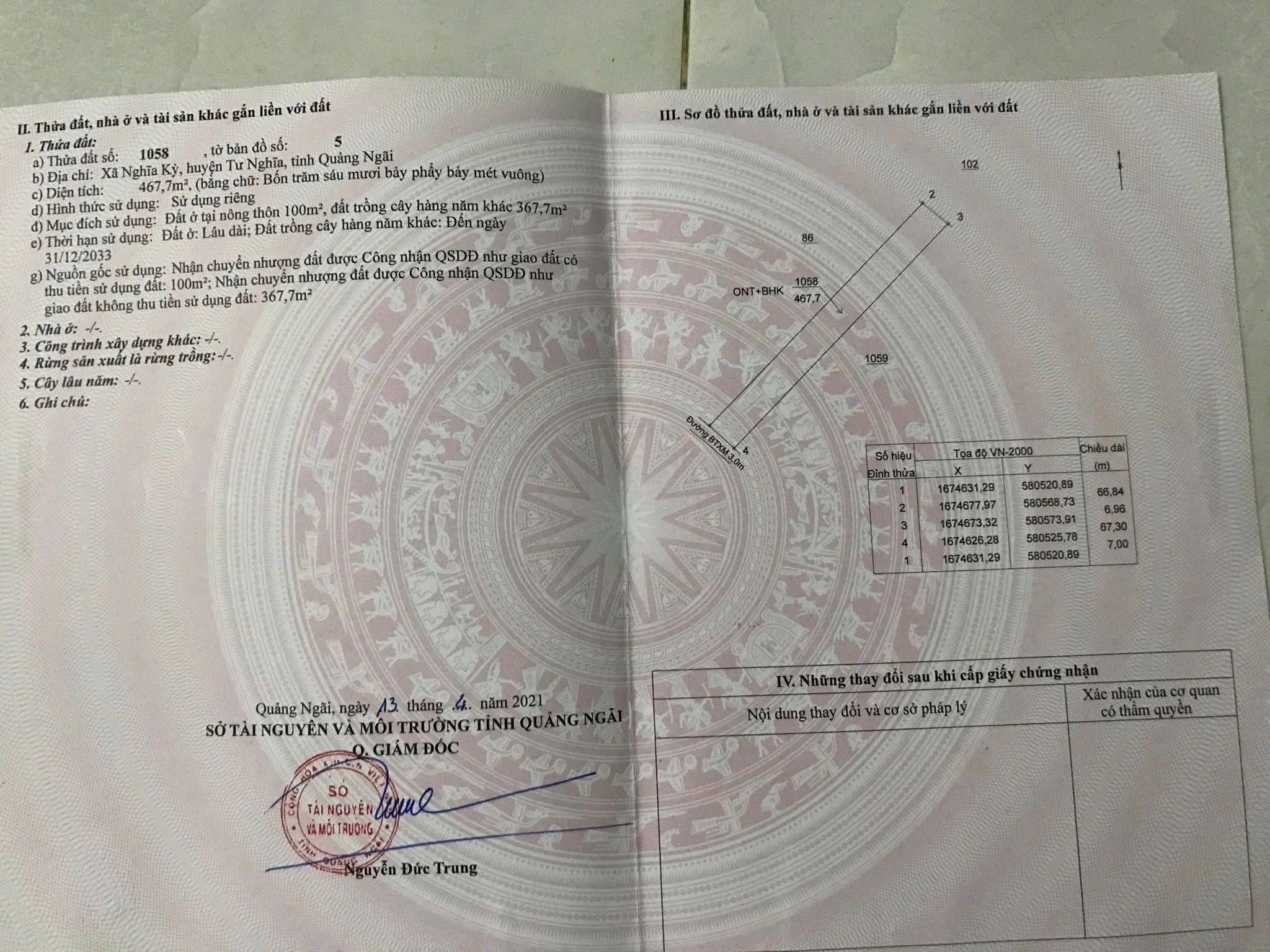 Bán đất 467.7m² có sẵn 100m² thổ cư ngang 7m giá 550 triệu tại Xã Nghĩa Giang