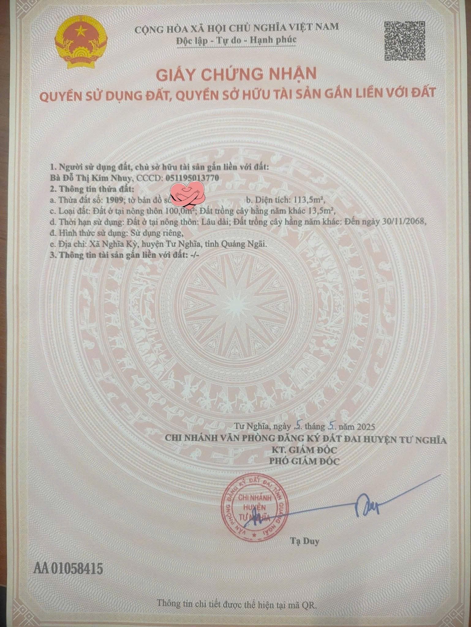 Bán Đất 113.5m2 có sẵn 113.5 m2 thổ cư giá 250 triệu tại Xã Nghĩa Kỳ Huyện Tư Nghĩa Quảng Ngãi