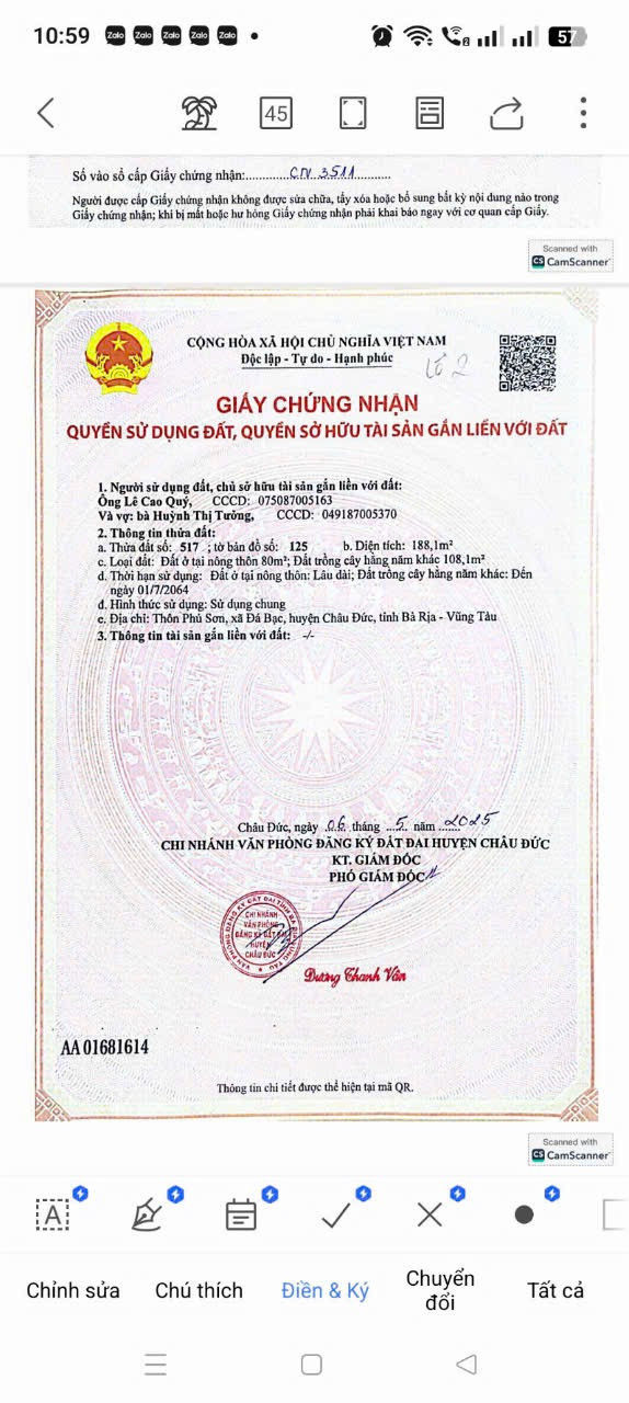 Bán đất 188,1m² ngang 8m giá 700 triệu Xã Nghĩa Thành Châu Đức
