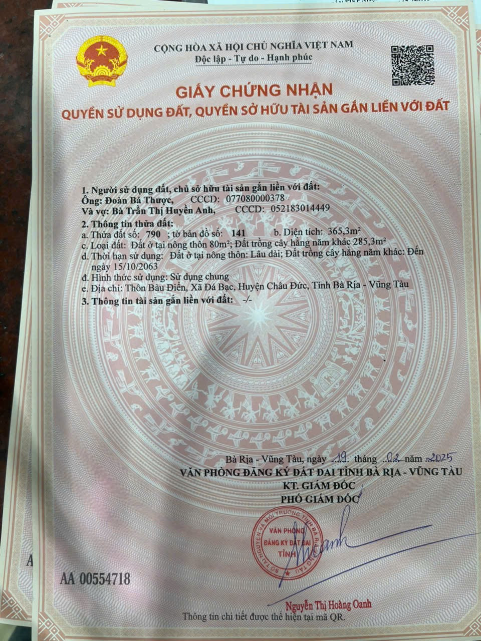 Bán đất 365,3m² ngang 10m giá 1.25 tỷ Xã Nghĩa Thành Châu Đức