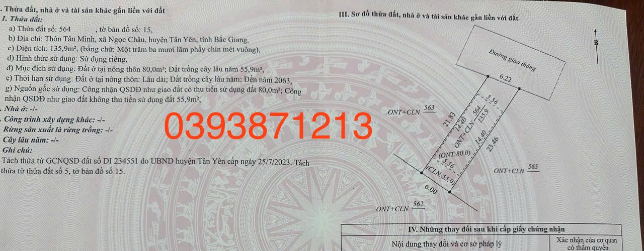 Bán đất 135m² full thổ cư ngang 6m giá 790 triệu tại Xã Ngọc Thiện