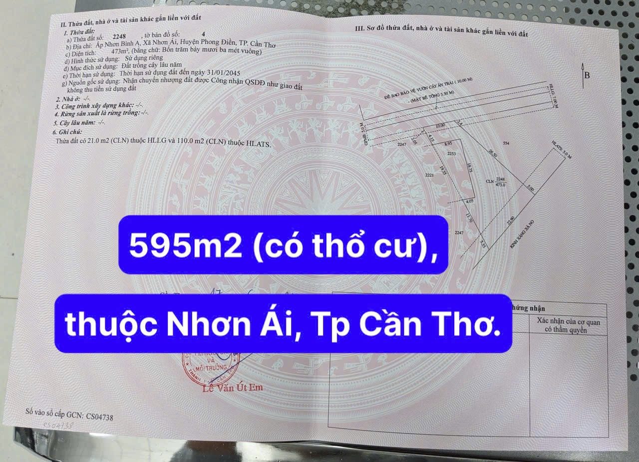 Bán đất 595m² có sẵn 122m² thổ cư ngang 10m giá 1.5 tỷ tại Xã Nhơn Ái