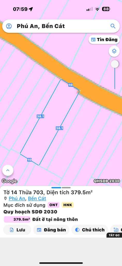 Bán đất Phú An, Bến Cát gần ngã tư Phú Thứ dt 10x38m giá 3ty200