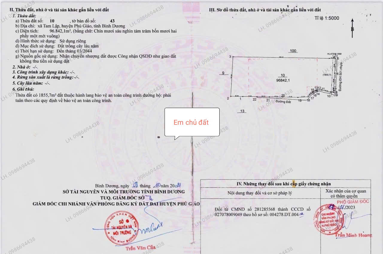 Bán đất 96m² ngang 172m giá 115 tỷ Xã Phú Giáo Có Hơn 6 Ngàn SKC Đóng 1 Lần 50 Năm