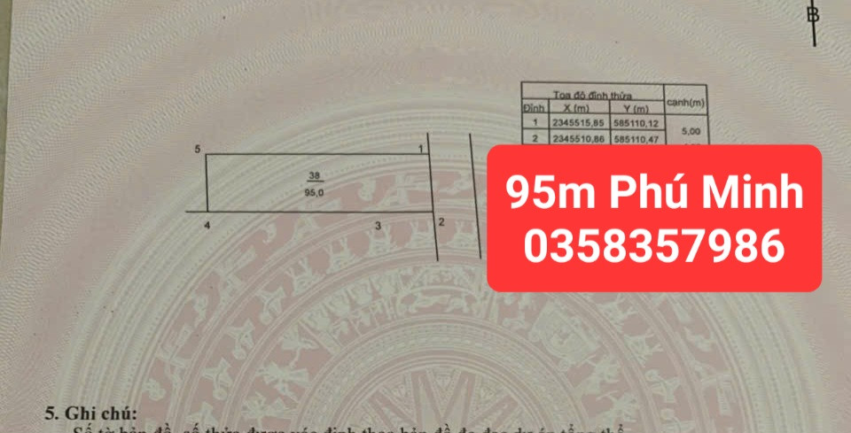 Bán đất Phú Minh DT 95m vuông,MT 5m full thổ cư,giá bán 3 tỷ 950 triệu