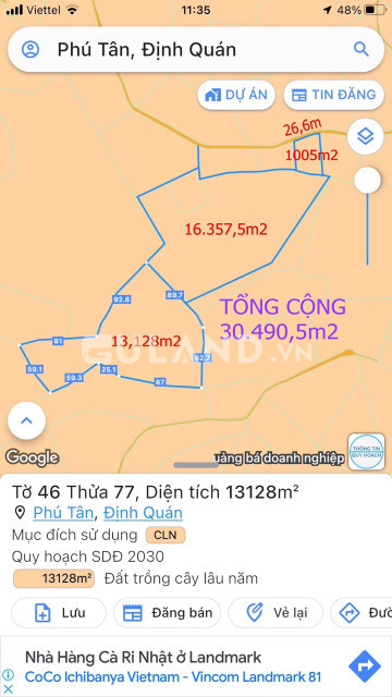 Bán đất 30490m² ngang 30m giá 6 tỷ tại Xã Phú Tân Huyện Định Quán