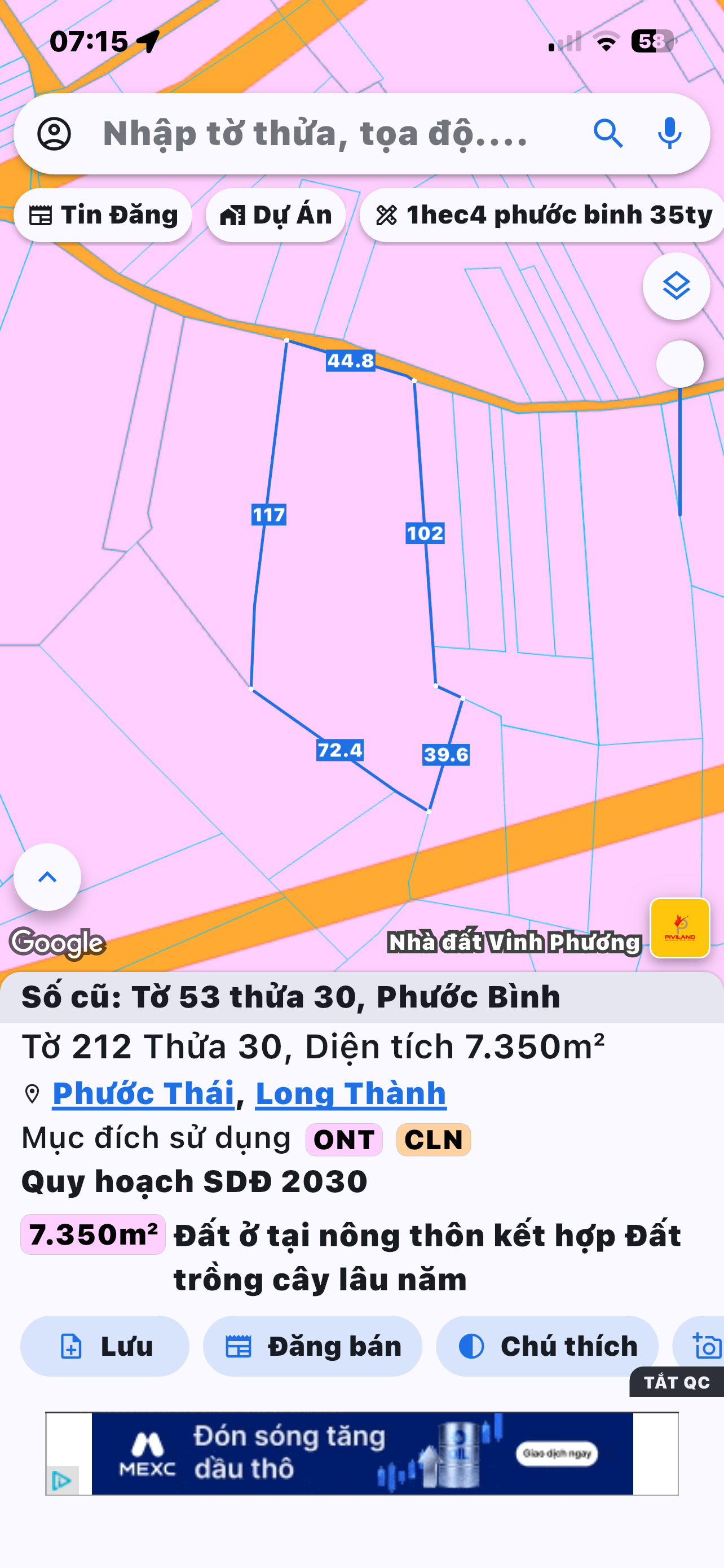 Phước bình 7320m2 có thổ cư gần ql51 giá bán 15ti
