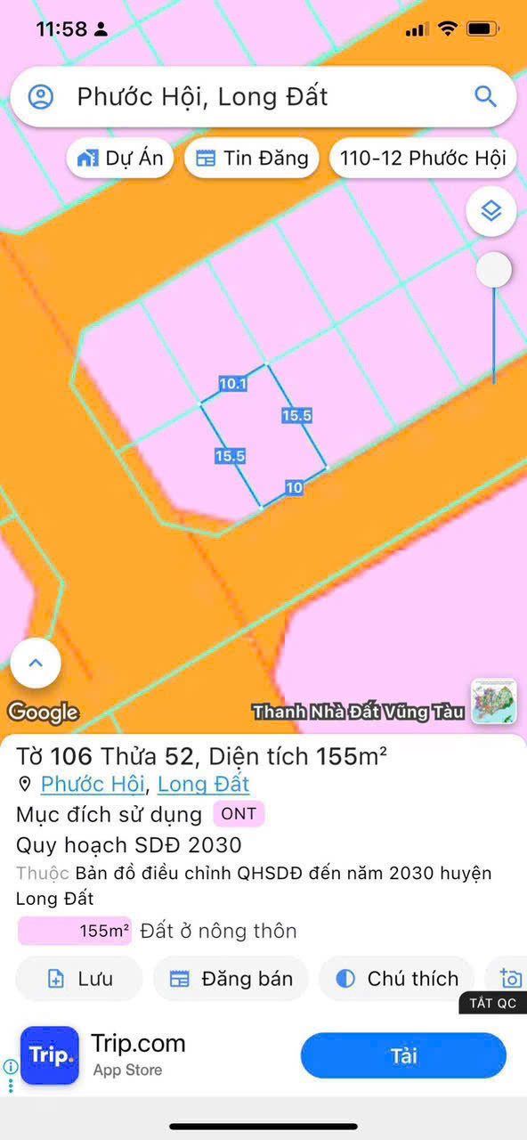 Bán đất 155m² full thổ cư ngang 10m giá 1.85 tỷ tại Xã Phước Hải