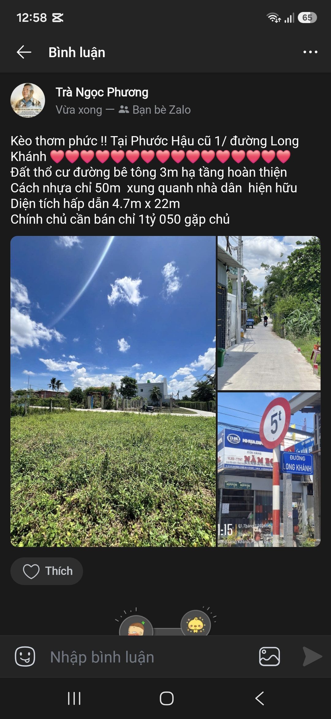 Chính chủ cần bán nền thổ 4.7x21 mặt tiền đường bê tông 3m  giá bán 1tỷ 050 gặp chính chủ