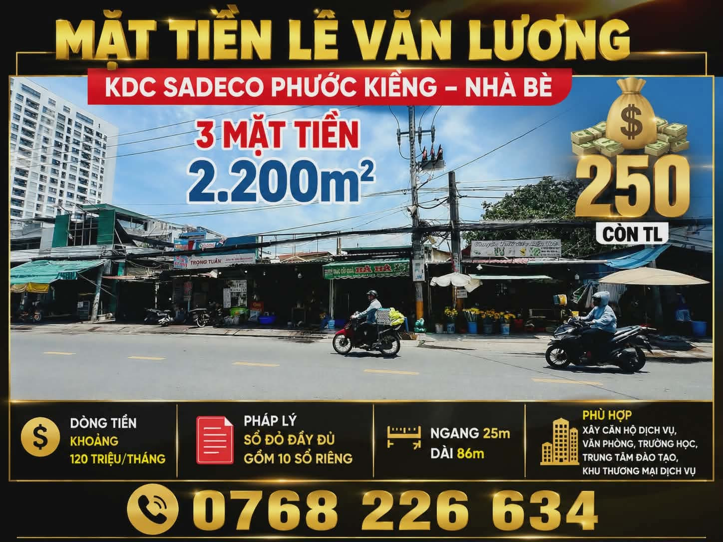 🏢 3 MẶT TIỀN LÊ VĂN LƯƠNG, KDC SADECO PHƯỚC KIỂNG, NHÀ BÈ. 2.200M². DÒNG TIỀN 120 TRIỆU/THÁNG. 💰250🧄 CÒN TL. 📱0768 226 634