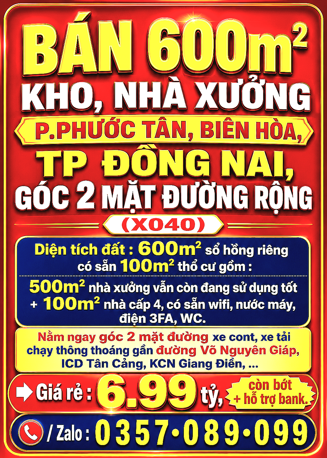 BÁN RẺ 600m2 KHO, NHÀ XƯỞNG P.PHƯỚC TÂN, BIÊN HÒA, TP ĐỒNG NAI, GÓC 2 MẶT ĐƯỜNG RỘNG