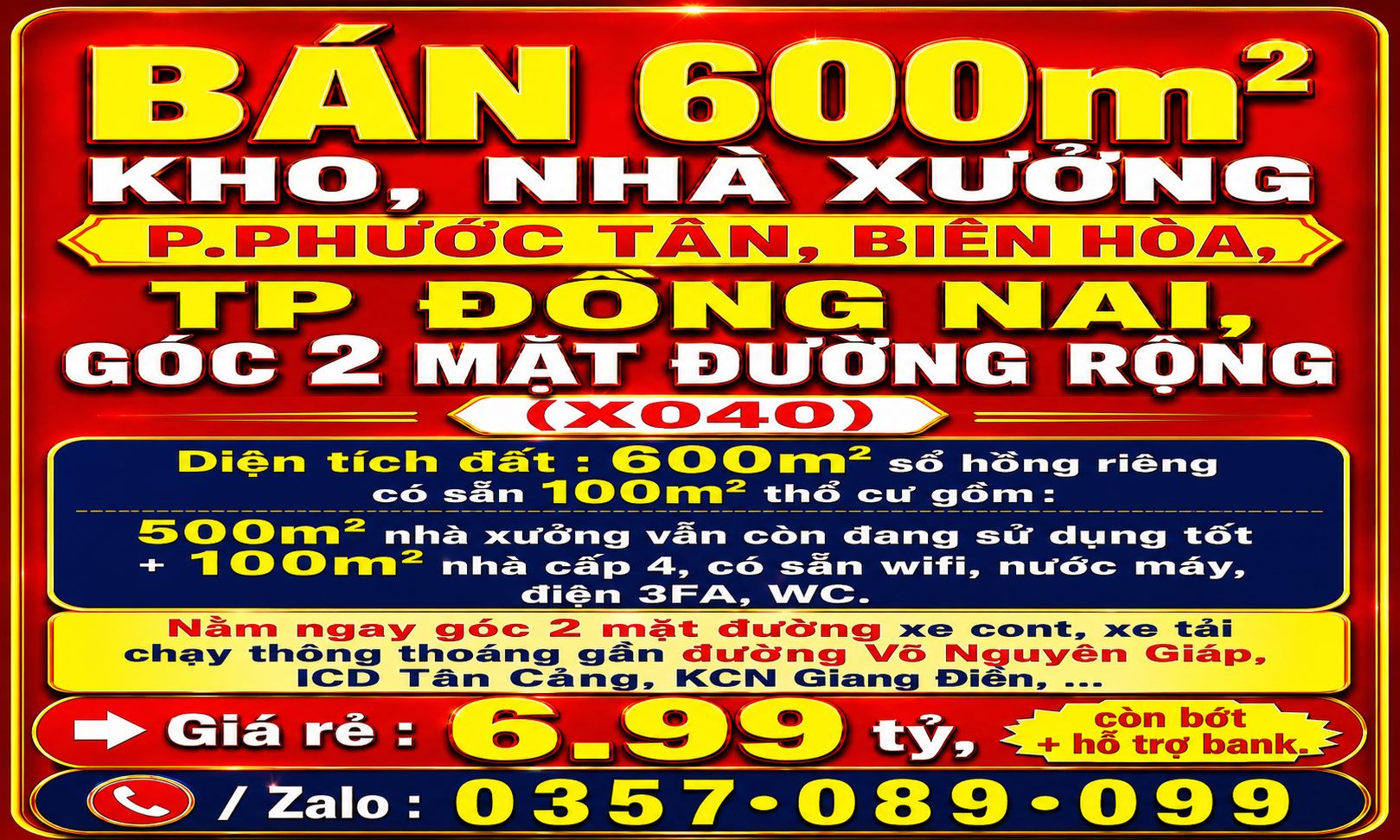 BÁN RẺ 600m2 KHO, NHÀ XƯỞNG P.PHƯỚC TÂN, BIÊN HÒA, TP ĐỒNG NAI, GÓC 2 MẶT ĐƯỜNG RỘNG