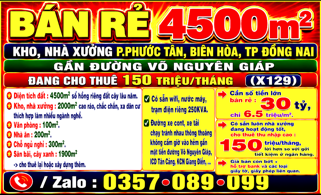 BÁN RẺ 4500m2 KHO, NHÀ XƯỞNG P.PHƯỚC TÂN, BIÊN HÒA, TP ĐỒNG NAI, ĐANG CHO THUÊ 150TR/THÁNG
