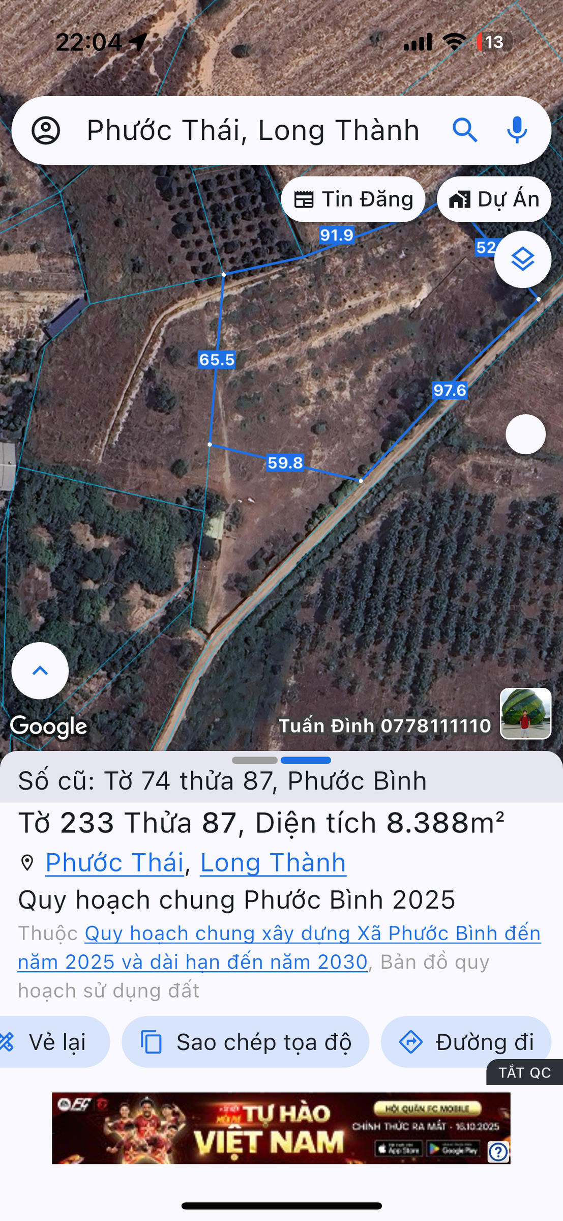 Bán đất 20200.6m² ngang 52m giá 38 tỷ Xã Phước Thái