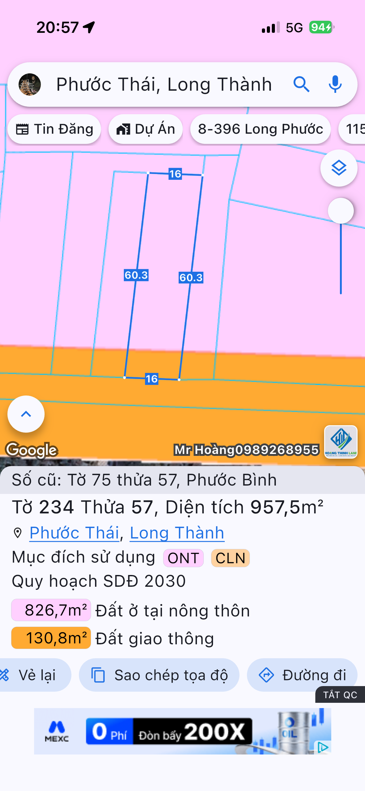 Bán đất 957m² có sẵn 80m² thổ cư ngang 16m giá 8.5 tỷ tại Xã Phước Thái