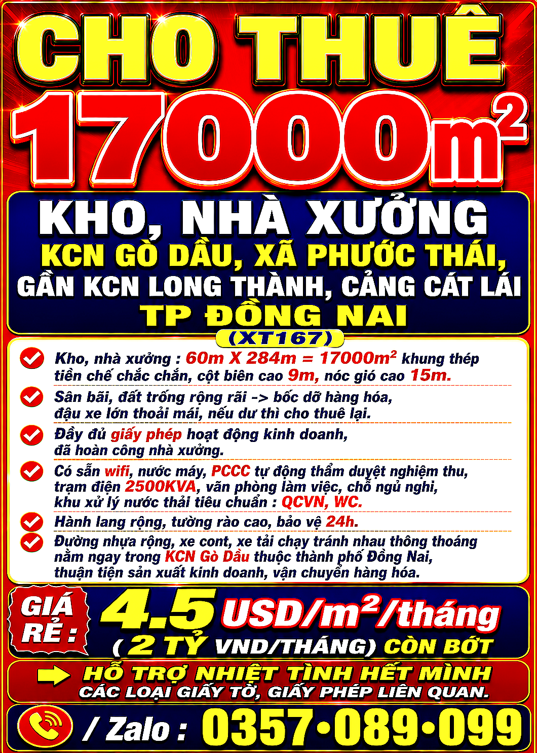 CHO THUÊ 17000m2 KHO, NHÀ XƯỞNG KCN GÒ DẦU XÃ PHƯỚC THÁI GẦN KCN LONG THÀNH, CẢNG CÁT LÁI, TP ĐỒNG NAI