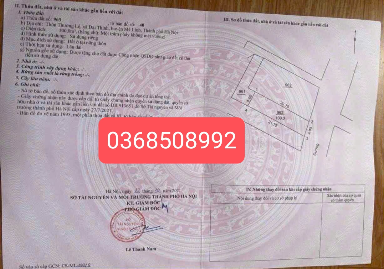 Bán đất 100m² full thổ cư ngang 4,9m giá 8 tỷ tại Xã Quang Minh