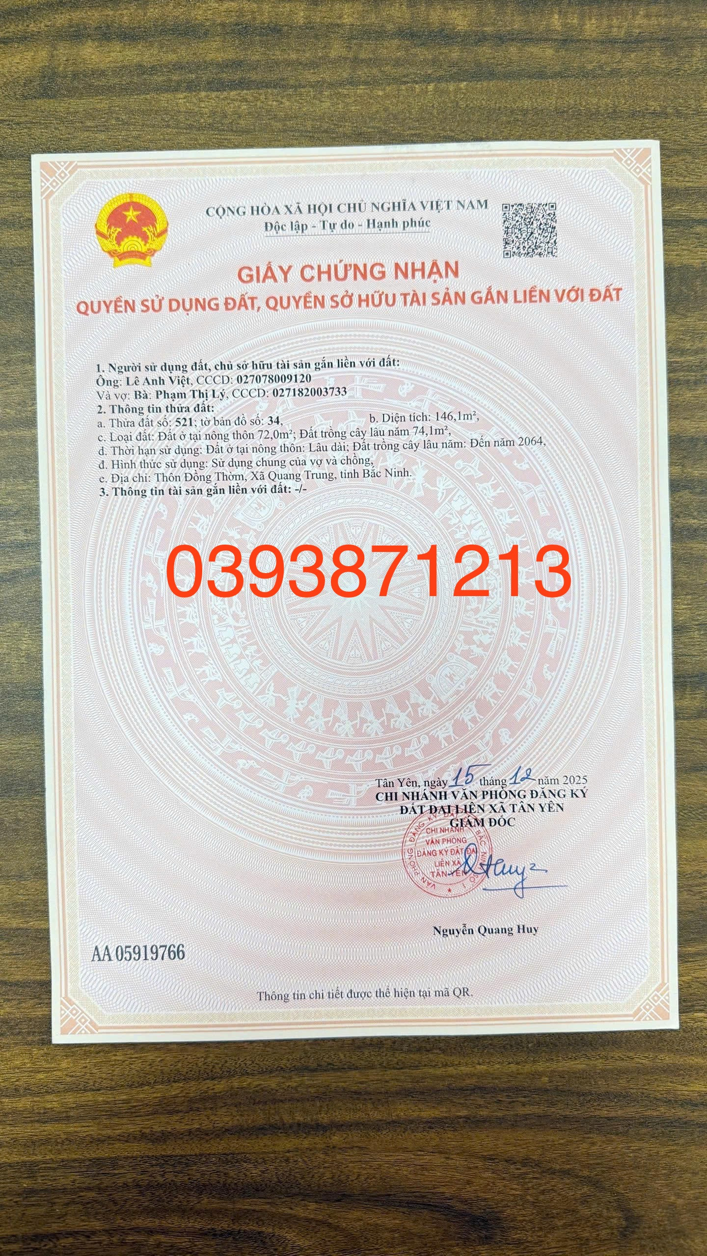 Bán đất 140m² full thổ cư ngang 5m giá 1.3 tỷ tại Xã Quang Trung