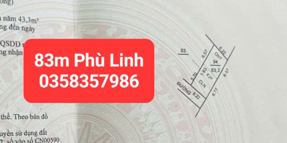 Bán đất 83m² có sẵn 40m² thổ cư ngang 6.22m giá 2.2 tỷ tại Xã Sóc Sơn