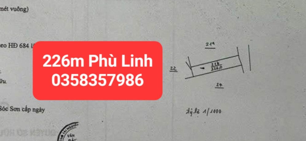 Bán đất 226m² có sẵn 221m² thổ cư ngang 6.5m giá 7.2 tỷ tại Xã Sóc Sơn