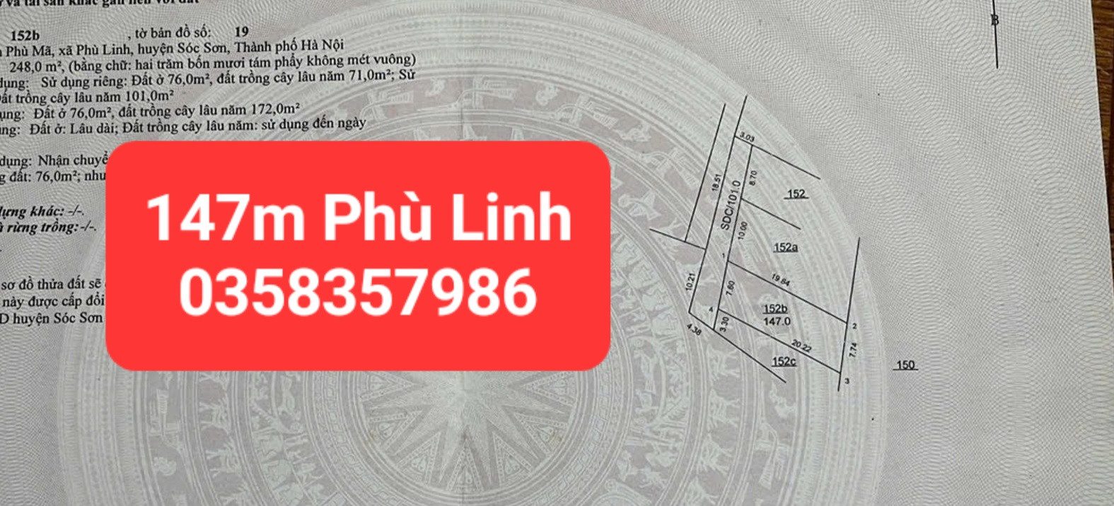Bán đất 147m² có sẵn 76m² thổ cư ngang 7.74m giá 5.1 tỷ tại Xã Sóc Sơn