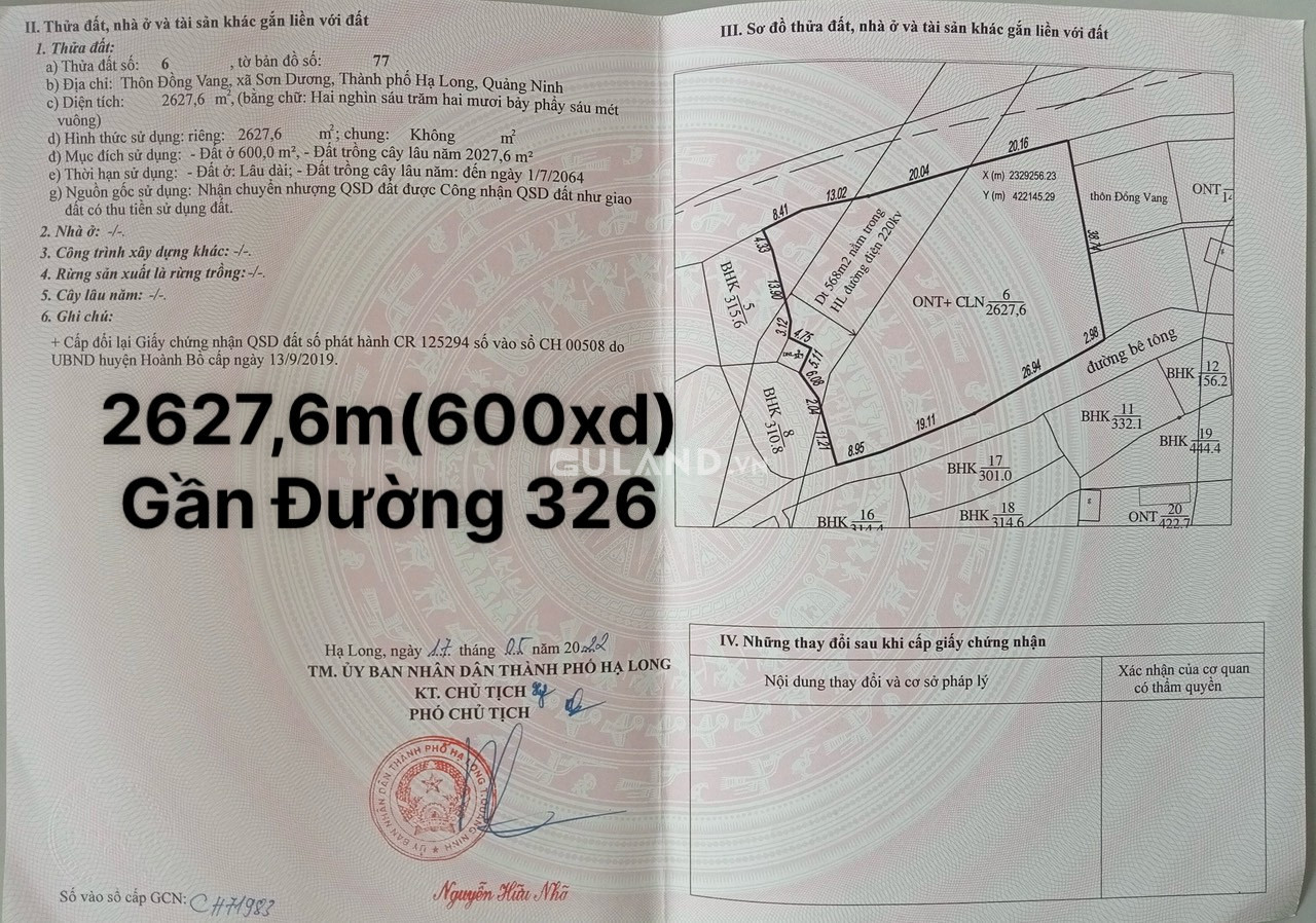 Bán đất 2627.6m² ngang 60m giá 5.9 tỷ tại Xã Sơn Dương Thành phố Hạ Long