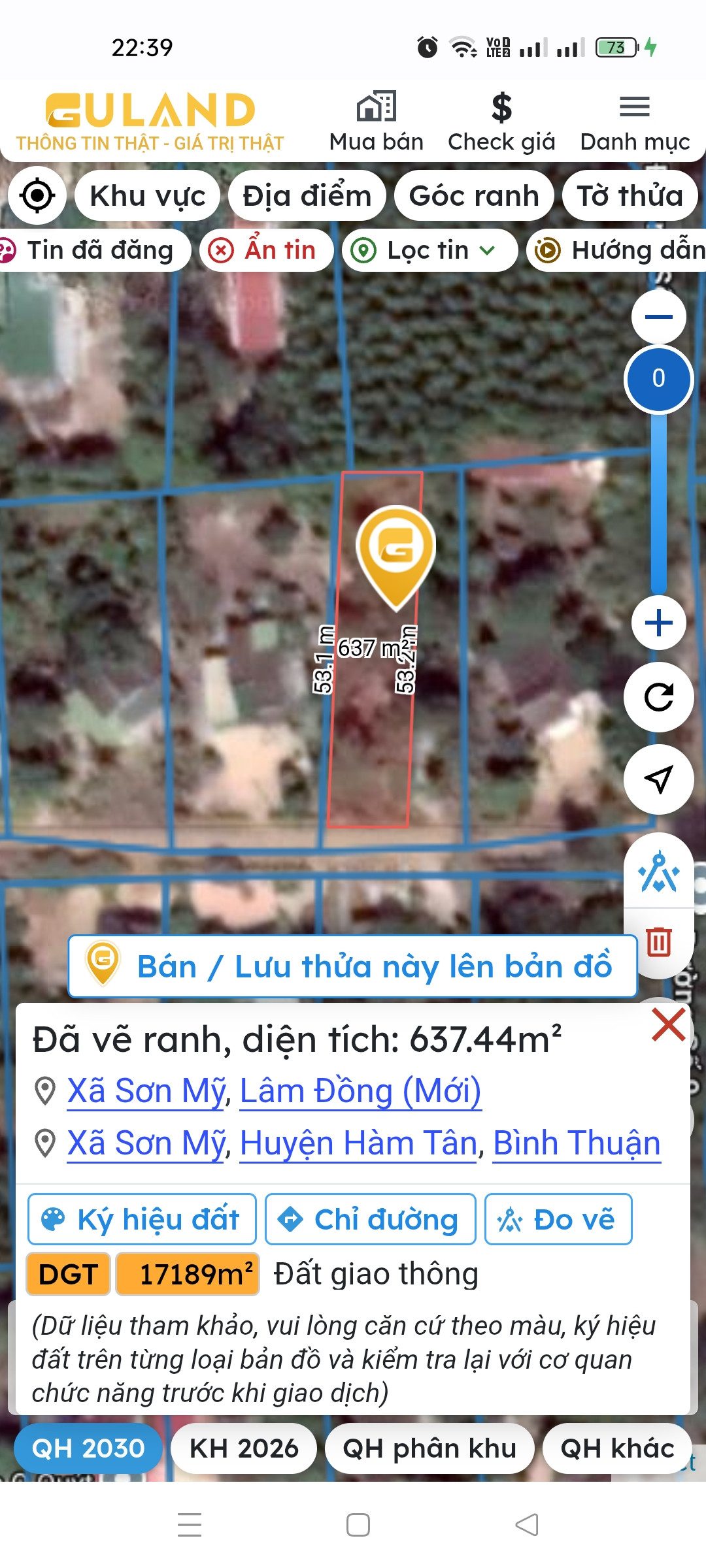 Bán đất 637.4m² có sẵn 100m² thổ cư ngang 12m giá 2.4 tỷ tại Xã Sơn Mỹ