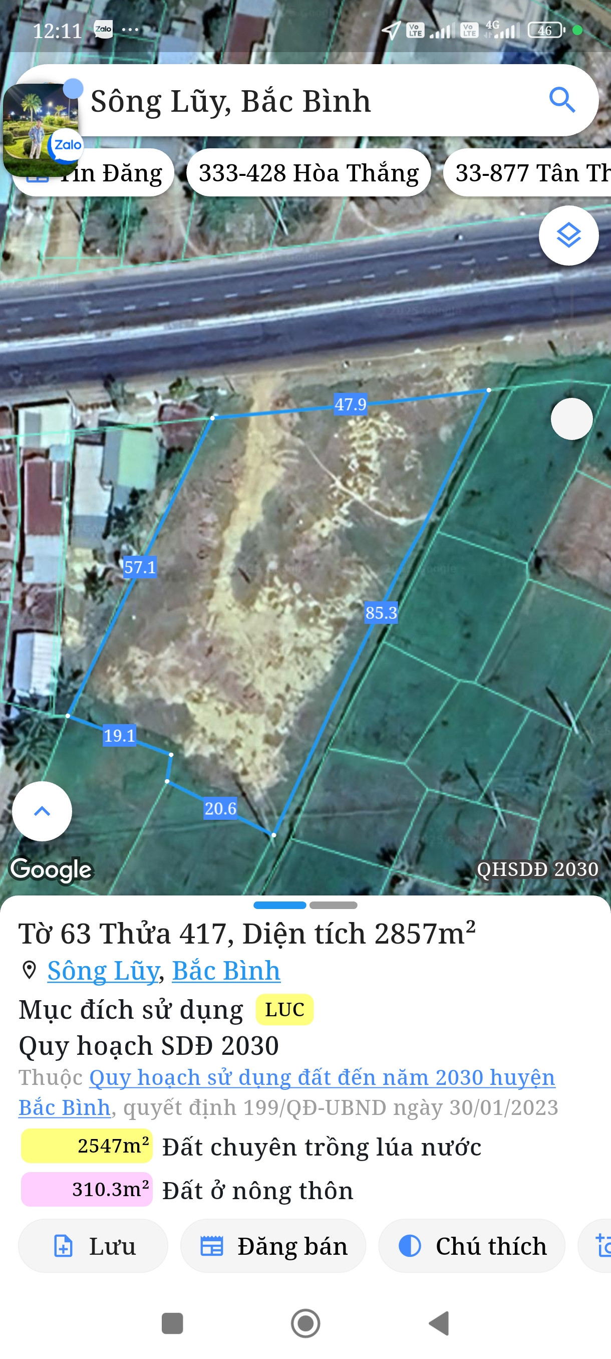 Bán đất 2864,1m² ngang 49m giá 4.5 tỷ Xã Sông Lũy