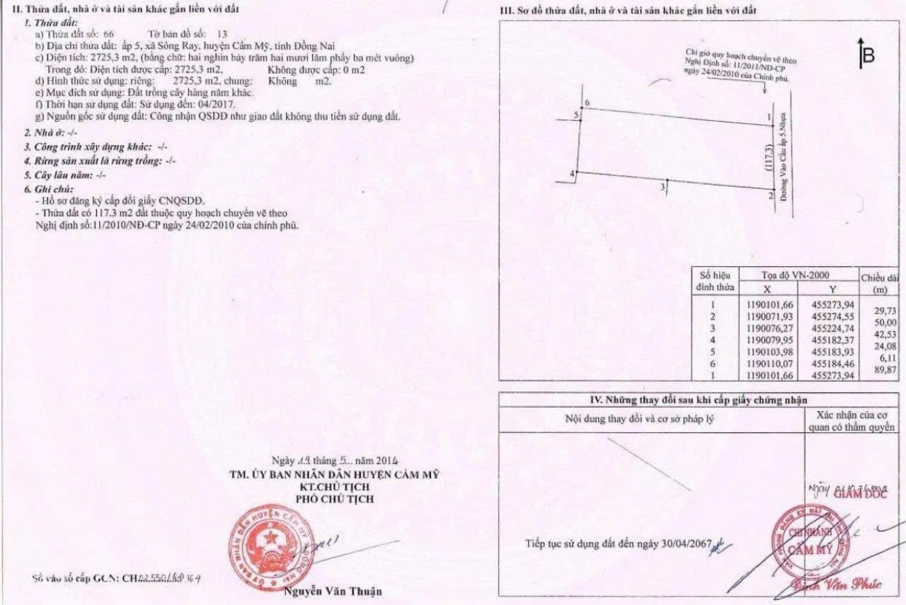 Bán đất 2725m² giá 10.2 tỷ Xã Sông Ray